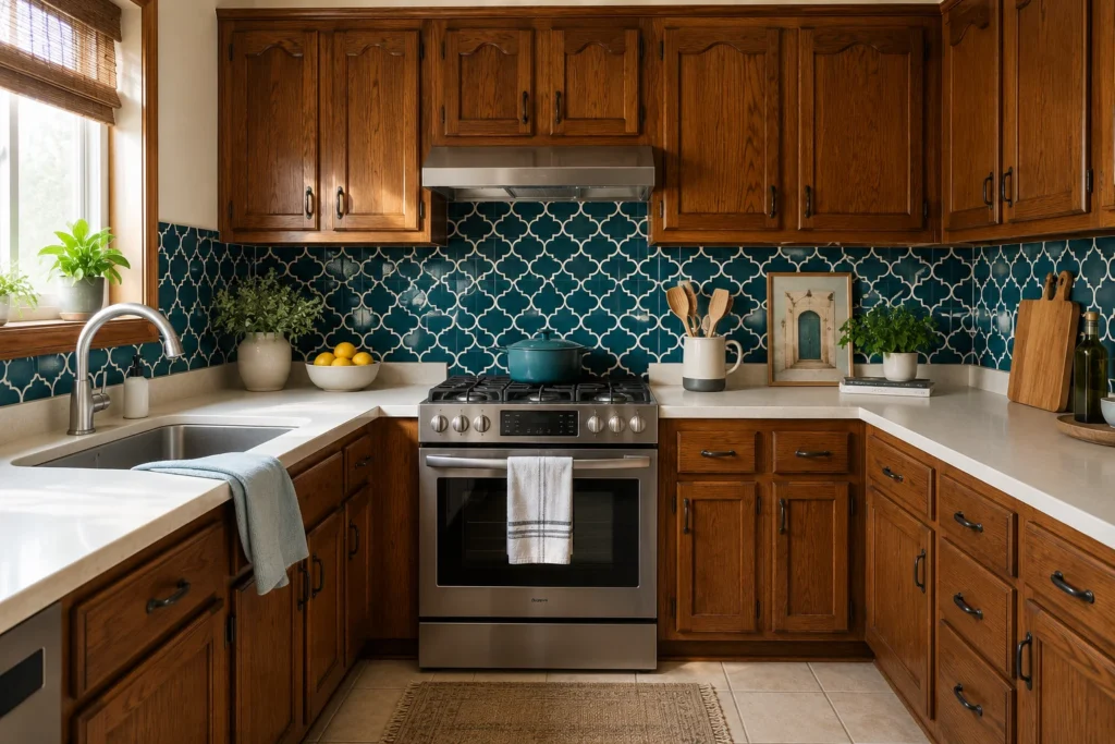 statement backsplash tiles transforming kitchen decor in older home with ugly original cabinets