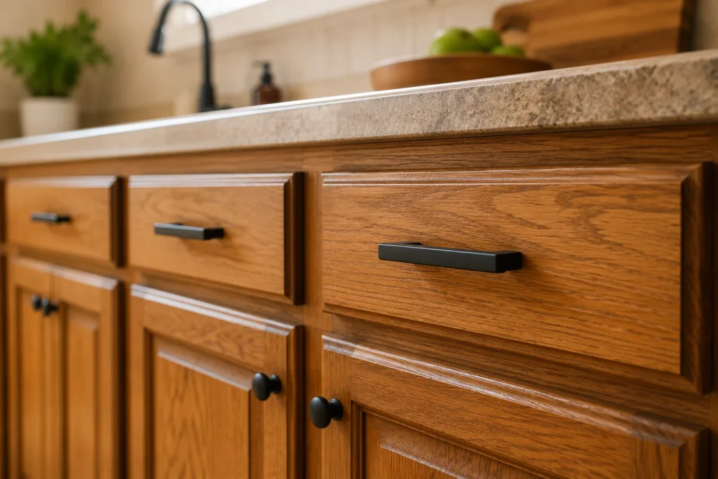 new matte black hardware on old kitchen cabinets in older home kitchen decor update