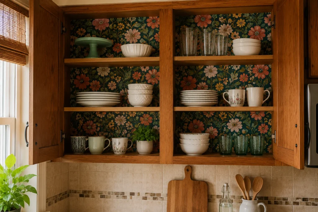 peel-and-stick wallpaper inside old kitchen cabinets as decor idea for older home