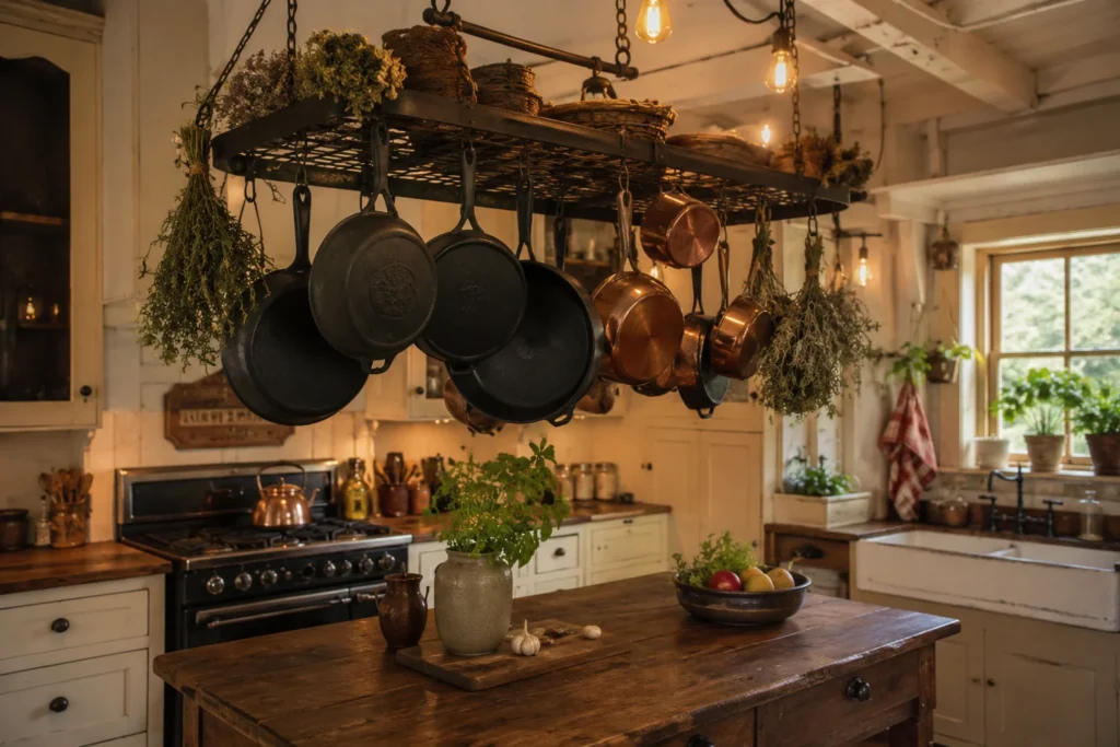 hanging pot rack in older home kitchen with ugly original cabinets farmhouse style decor