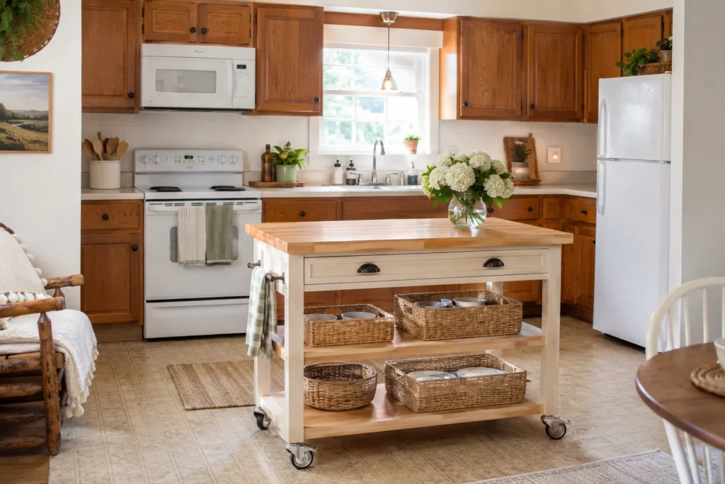 rolling kitchen island cart added to older home with ugly original cabinets as decor solution