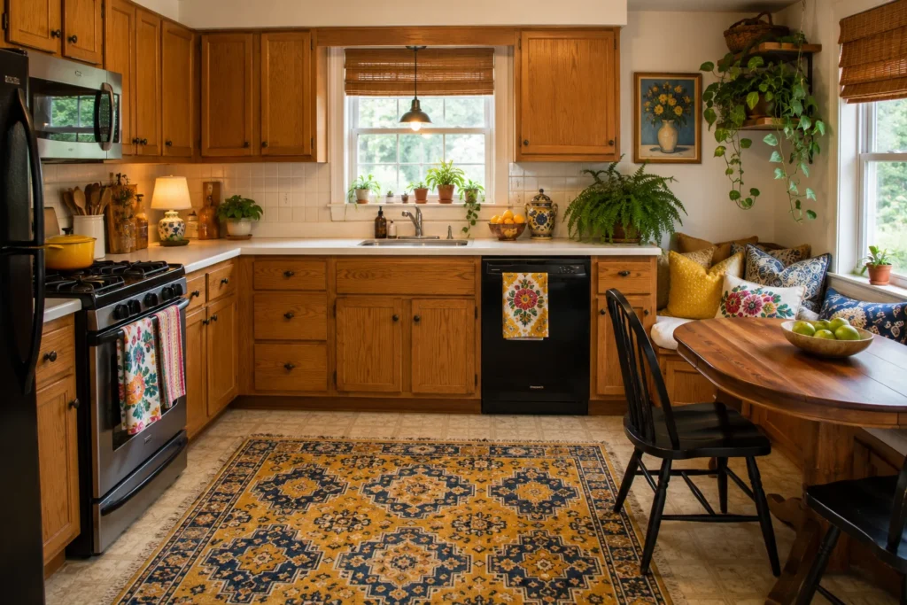 bold kitchen textiles rugs and towels adding color to older home kitchen with ugly original cabinets