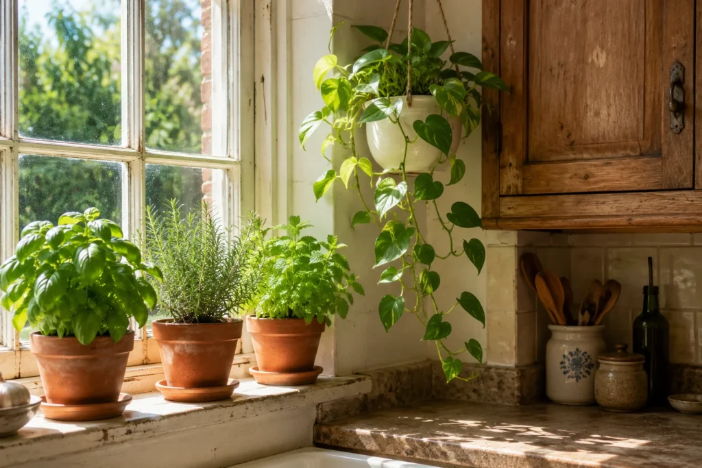 herb garden and houseplants adding life to kitchen decor in older home with ugly original cabinets