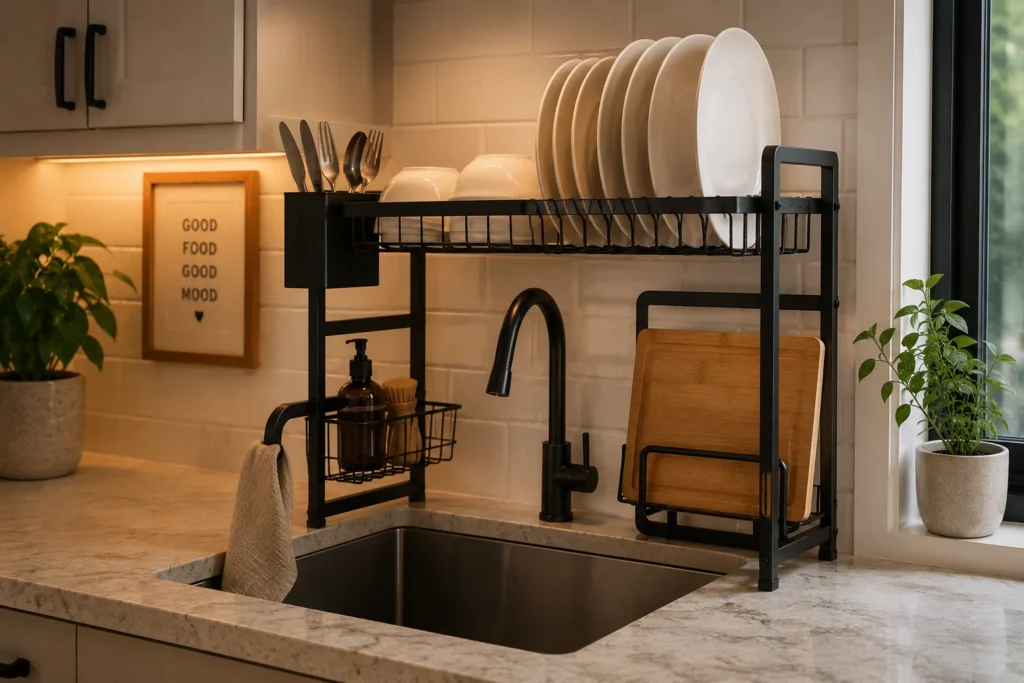 stylish dish rack kitchen decor for furnished apartment over sink matte black