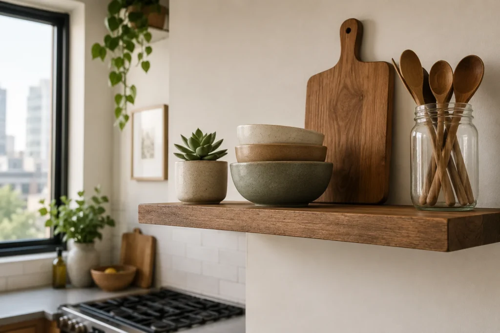 open shelf kitchen decor for furnished apartment with ceramic bowls and plant