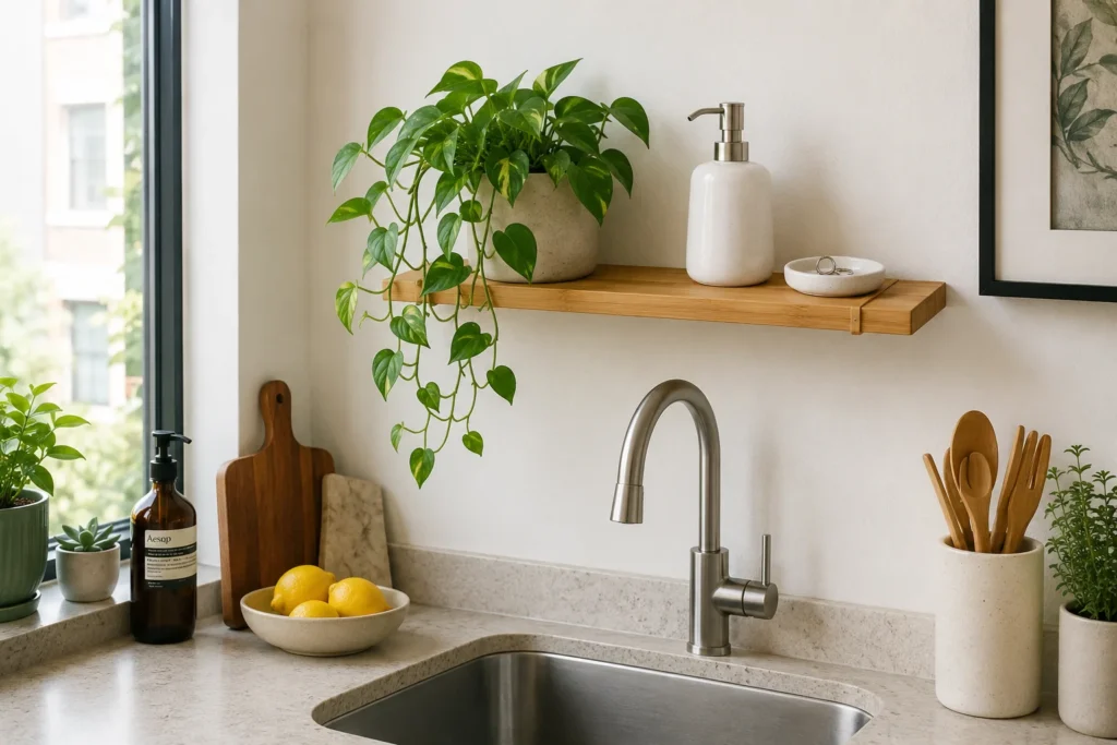 floating shelf over sink kitchen decor for furnished apartment with pothos plant