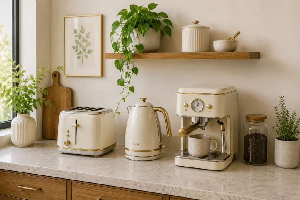 colorful matching small appliances kitchen decor for furnished apartment cream and gold