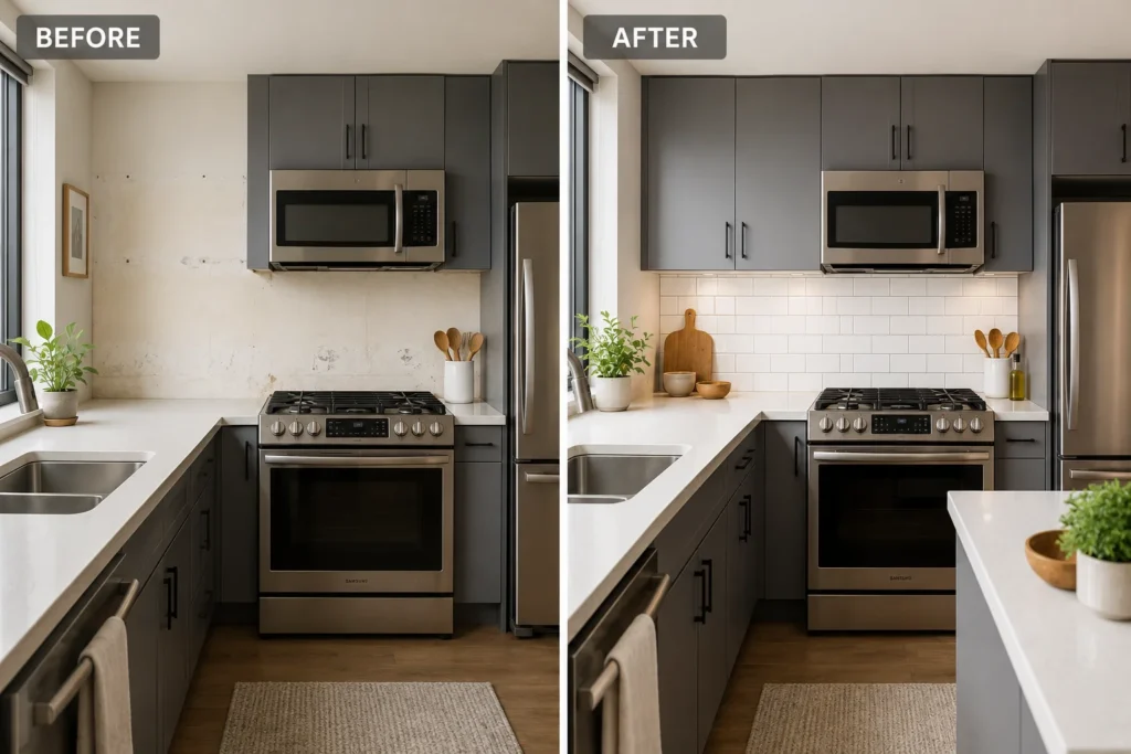 peel and stick backsplash kitchen decor for furnished apartment