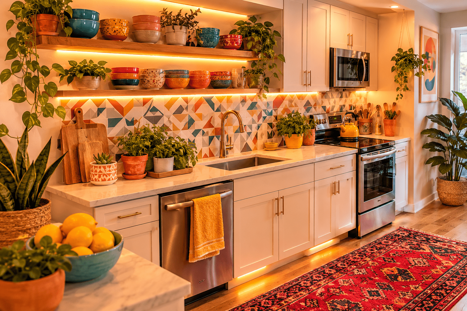 kitchen decor for furnished apartment with open shelves, herb plants, and colorful accessories