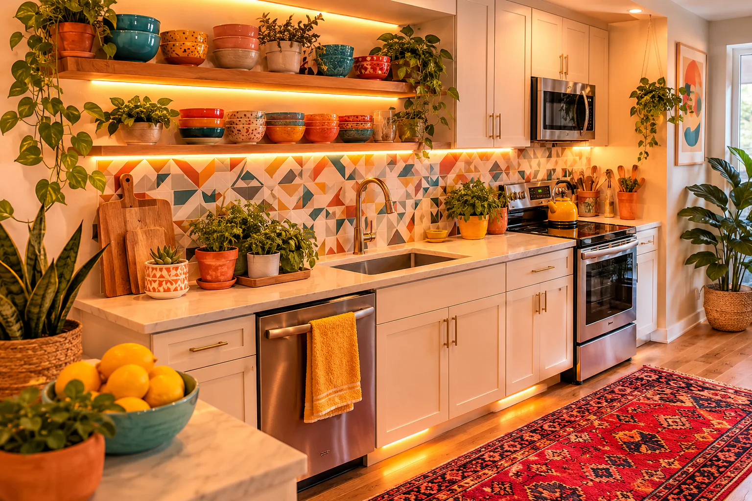 kitchen decor for furnished apartment with open shelves, herb plants, and colorful accessories
