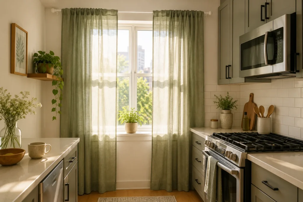 statement curtains kitchen decor for furnished apartment in sage green linen