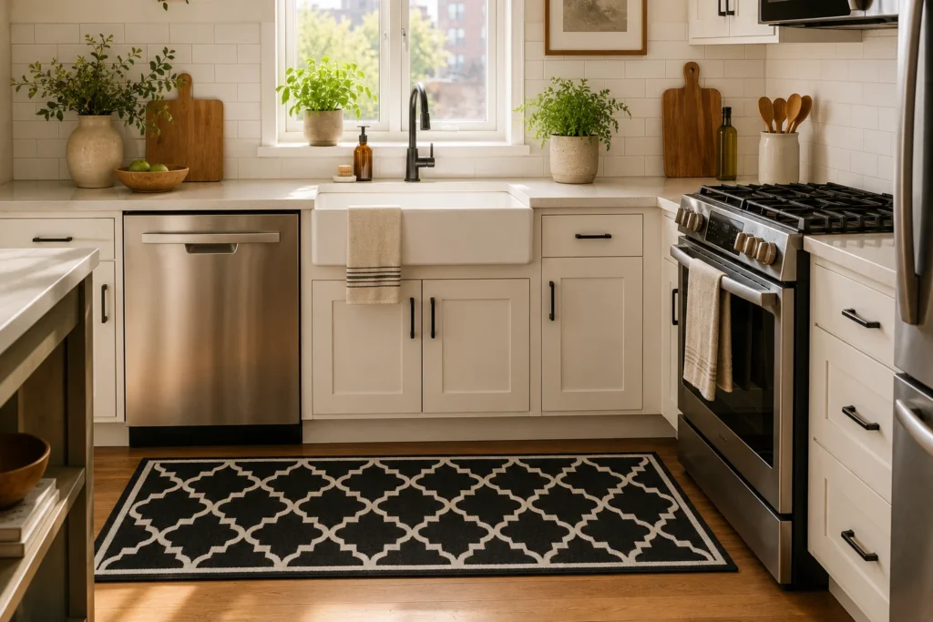 bold kitchen rug decor for furnished apartment Moroccan trellis pattern