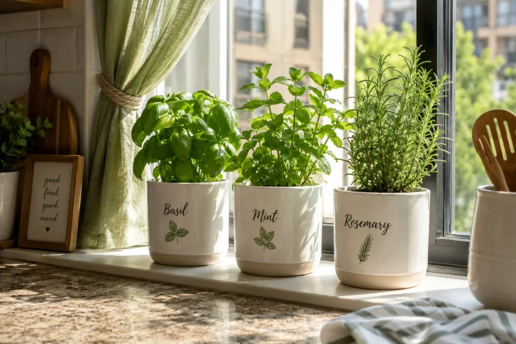 herb plants kitchen decor for furnished apartment windowsill with matching white pots