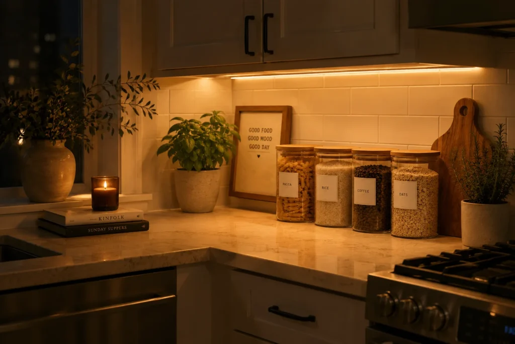 under cabinet LED lighting kitchen decor for furnished apartment warm ambient glow