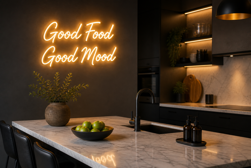 neon sign kitchen wall decor ideas with Good Food Good Mood LED sign in modern dark kitchen