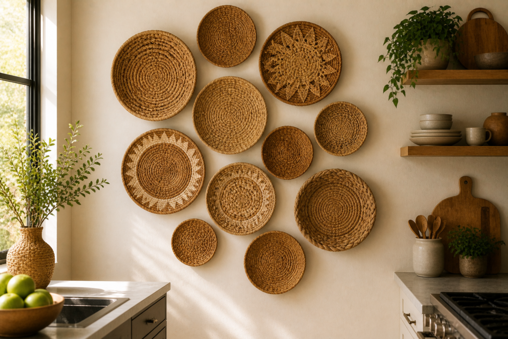 woven basket wall display kitchen wall decor ideas with rattan seagrass baskets in neutral boho kitchen