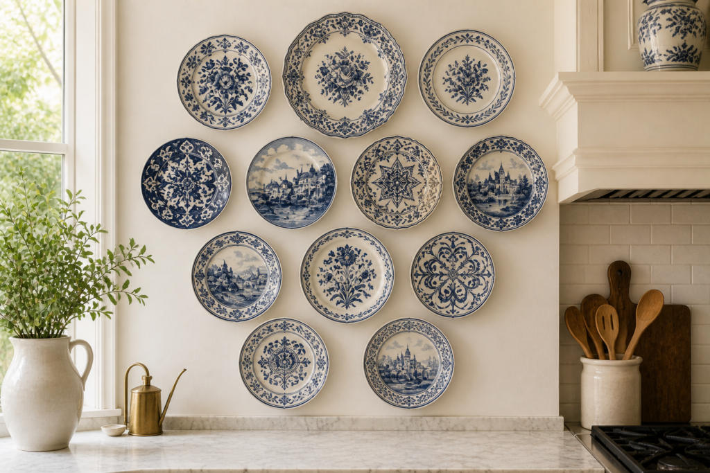 decorative plate wall kitchen wall decor ideas with blue and white antique and ceramic plates
