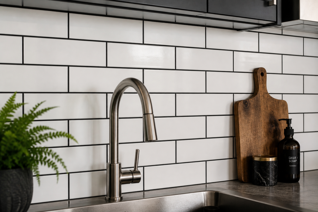 white subway tile black grout kitchen wall decor idea modern backsplash close-up detail