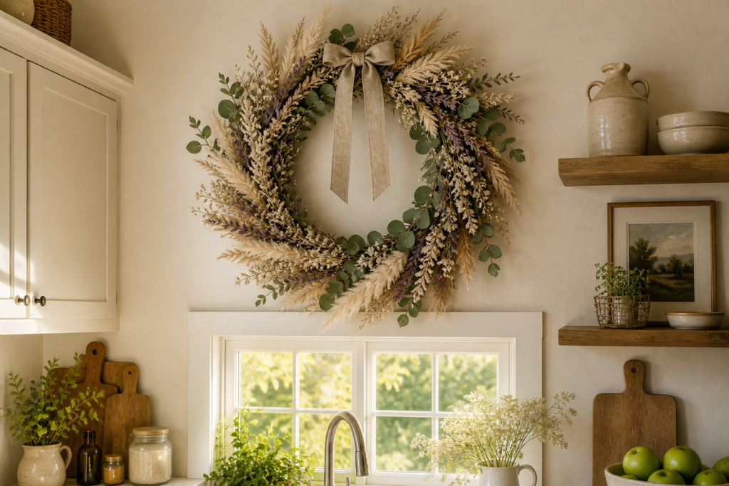  seasonal dried botanical wreath kitchen wall decor ideas with eucalyptus pampas grass on white kitchen wall
