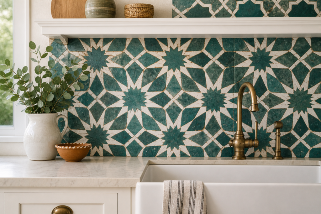 Moroccan tile backsplash kitchen wall decor ideas with teal zellige tiles and white farmhouse sink