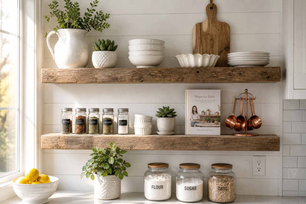 open floating shelves kitchen wall decor ideas with reclaimed wood, ceramic dishes, and potted herbs