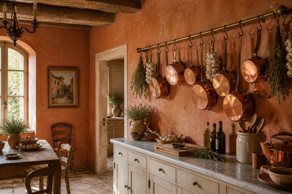 hanging copper pots kitchen wall decor ideas French country style with brass rail and dried herbs