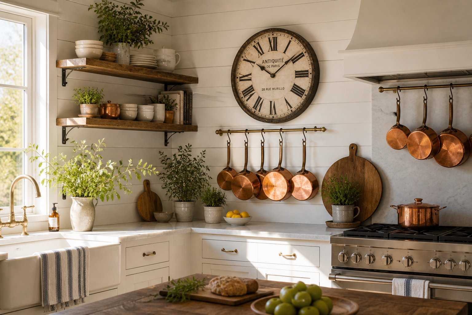 kitchen wall decor ideas – beautiful modern farmhouse kitchen with wall shelves, vintage clock, and hanging pots