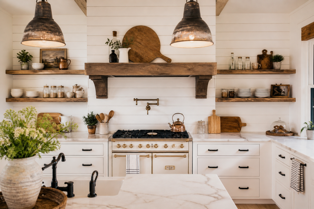 shiplap accent wall kitchen wall decor ideas farmhouse style with open shelves and farmhouse range