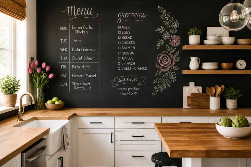 chalkboard wall kitchen wall decor idea with hand-lettered weekly menu and chalk art in modern kitchen