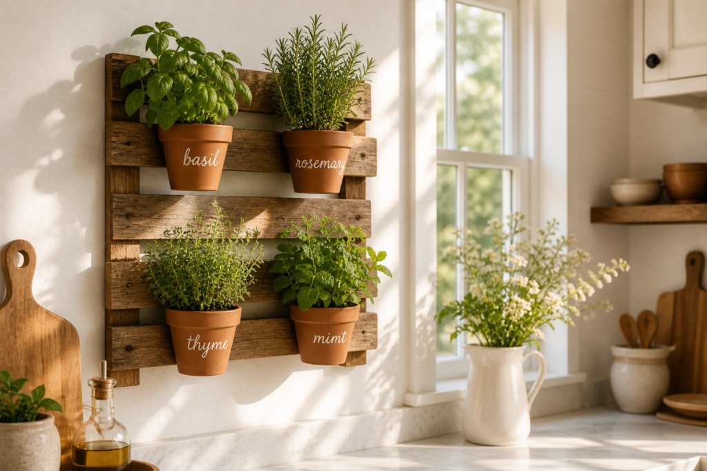 hanging herb garden kitchen wall decor ideas with terracotta pots mounted on wooden board