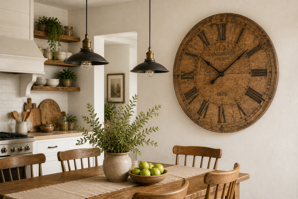 oversized vintage statement clock kitchen wall decor ideas farmhouse kitchen with Roman numerals