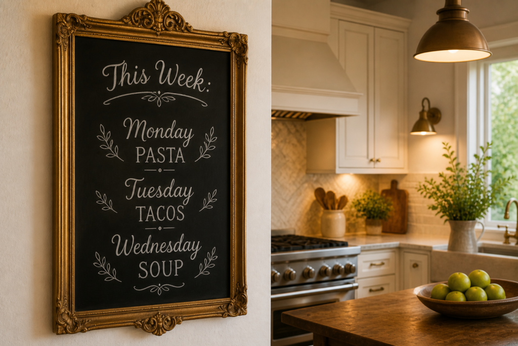 framed chalkboard menu board kitchen wall decor idea with gold ornate frame and chalk lettering