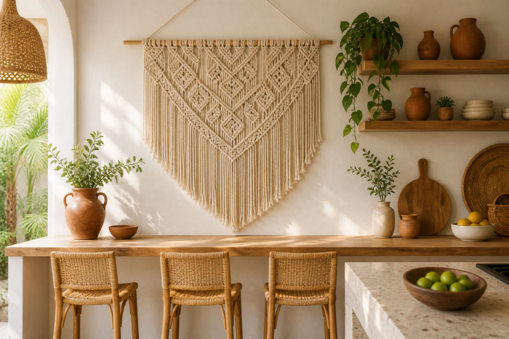 macramé wall hanging boho kitchen wall decor ideas with natural cotton and wooden breakfast bar