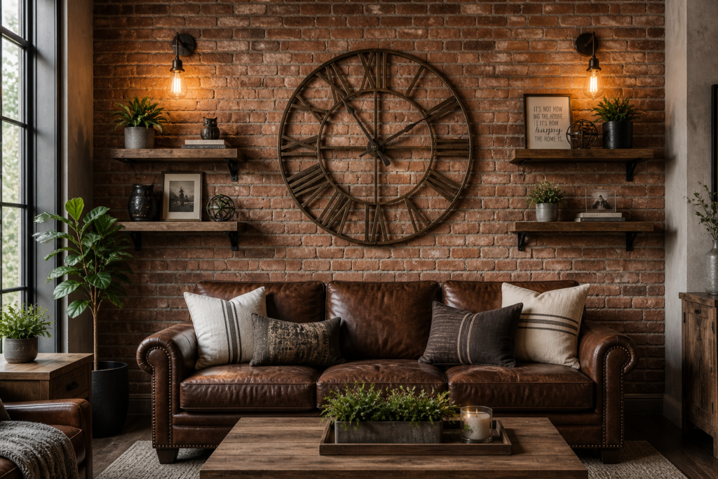oversized decorative wall clock living room wall decor idea on brick accent wall
