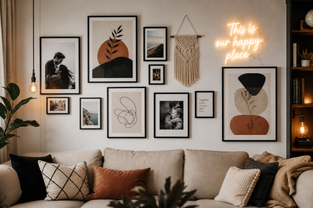  living room gallery wall decor idea with mixed frame sizes and abstract art