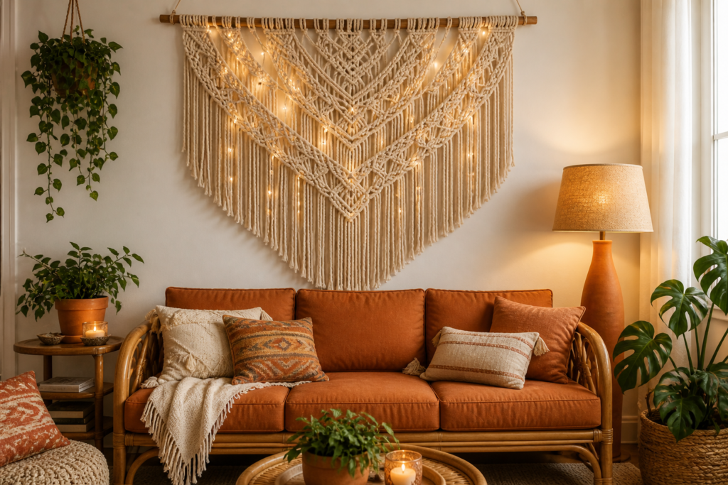 macrame wall art living room wall decor idea above rattan sofa bohemian style