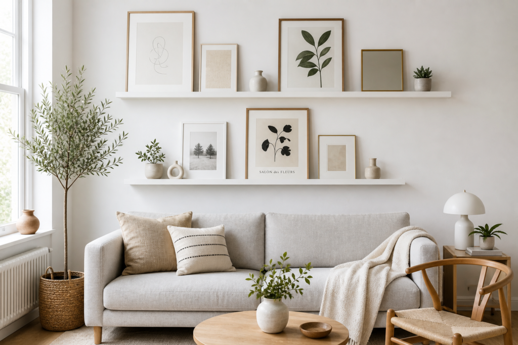 photo ledge display living room wall decor idea with leaned art prints and ceramics