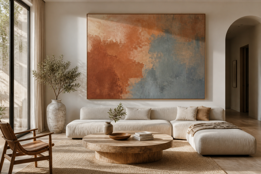 oversized statement art piece as living room wall decor idea above cream sofa