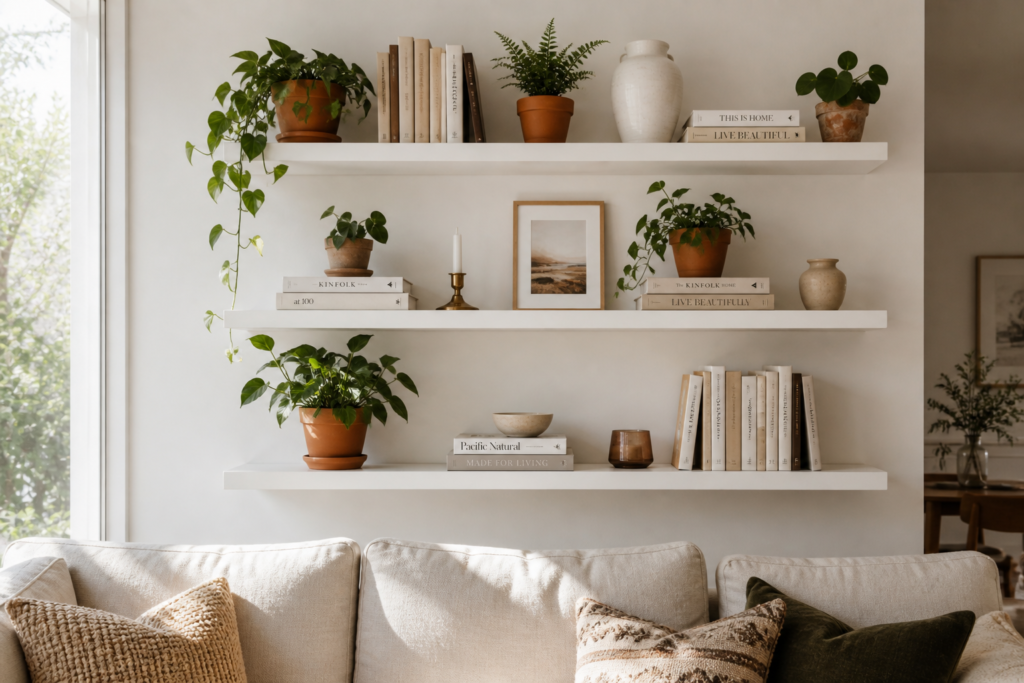 floating shelves as living room wall decor idea styled with plants books and ceramics
