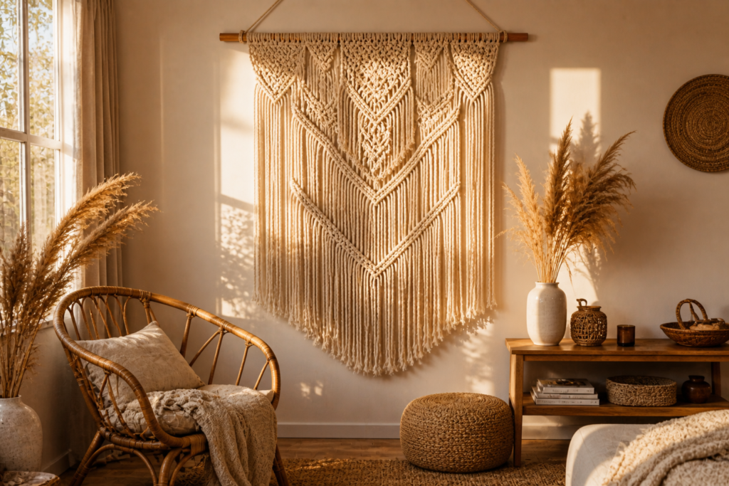 woven wall hanging living room wall decor idea bohemian style natural cotton