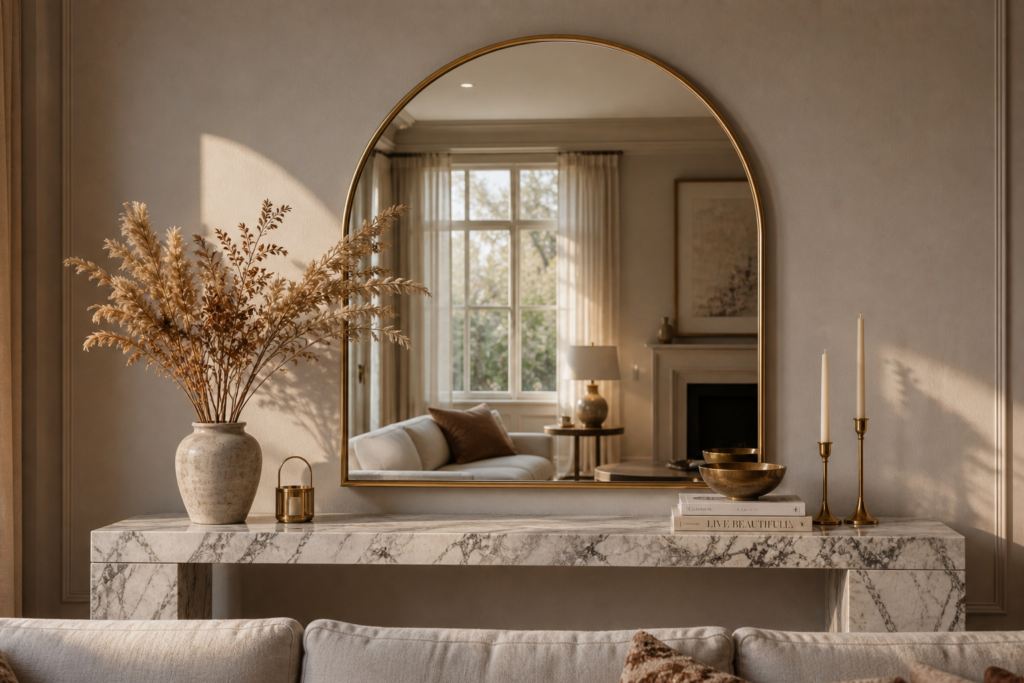 mirror wall decor idea living room with gold arch mirror and marble console table