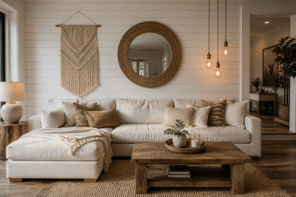 shiplap accent wall living room wall decor idea modern farmhouse style