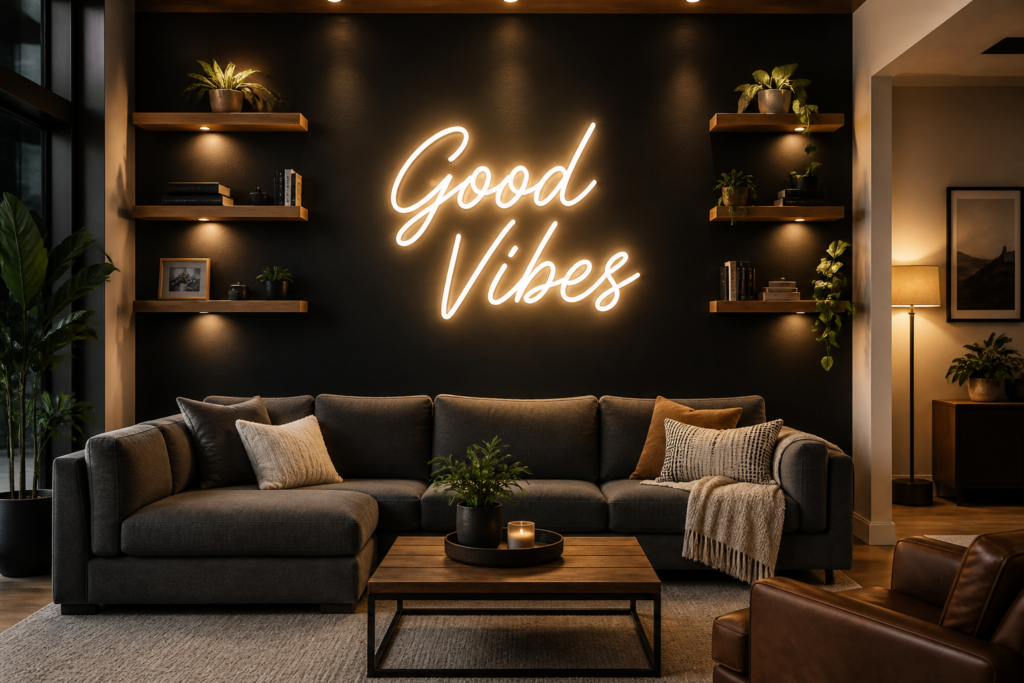 neon sign living room wall decor idea with LED sign on dark accent wall