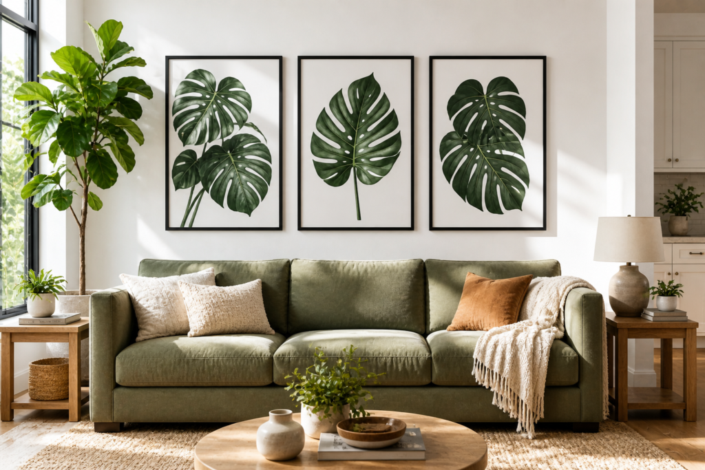 botanical print wall decor idea living room with tropical leaf art above sofa