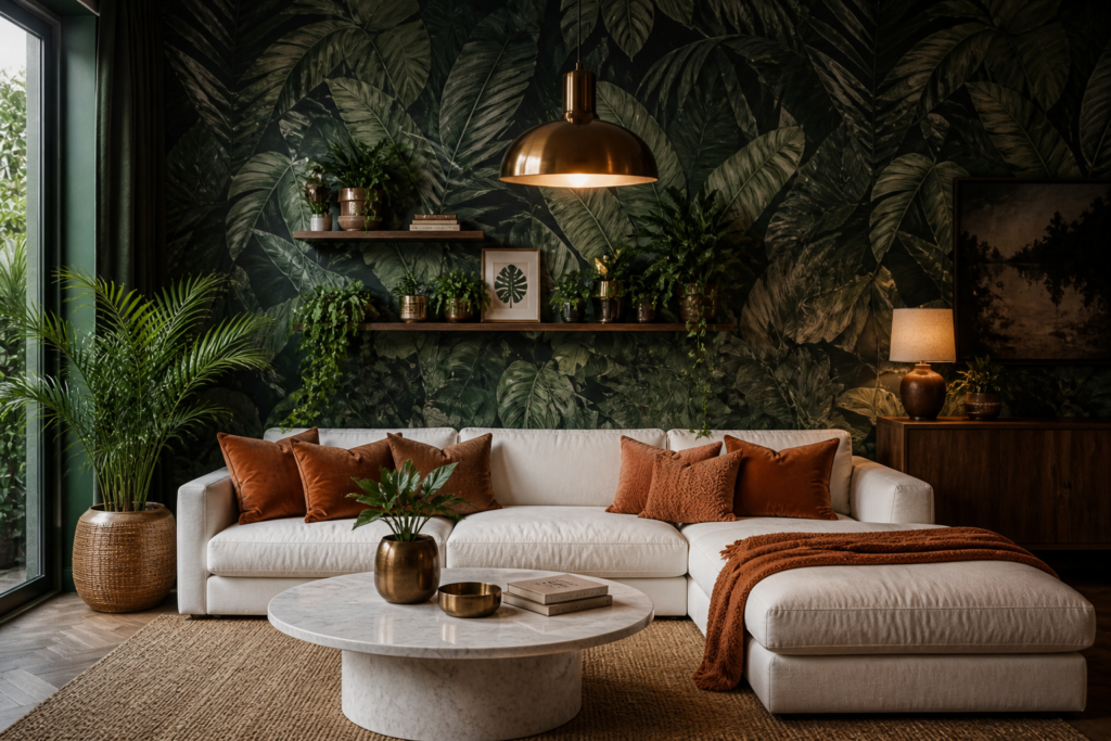 wallpaper accent wall living room wall decor idea with green botanical wallpaper