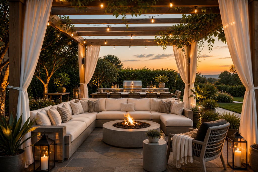 outdoor luxury living room home decor 2026 - hotel level outdoor furniture pergola fire pit