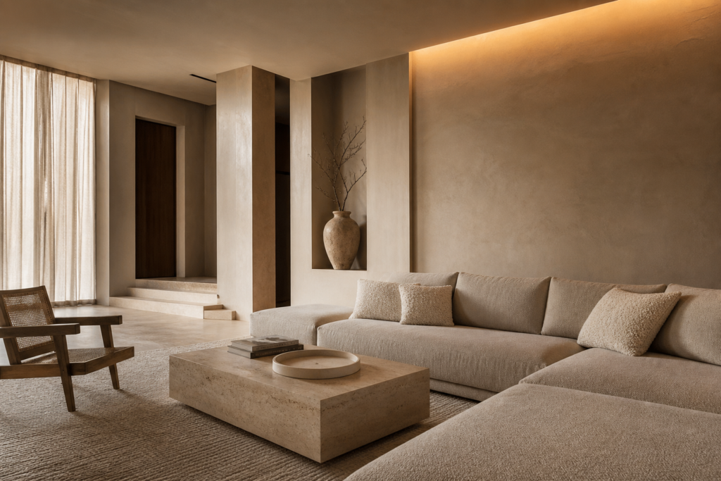quiet luxury home decor idea 2026 - understated opulent living room with linen and travertine
