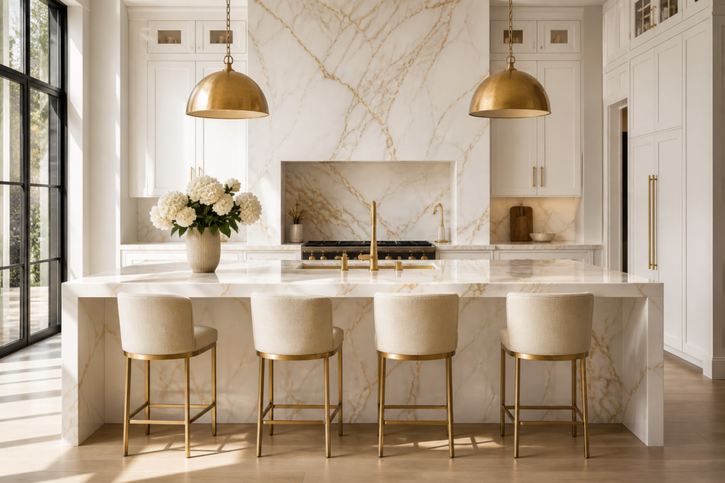 statement marble luxury home decor 2026 - Calacatta gold marble kitchen island waterfall edge