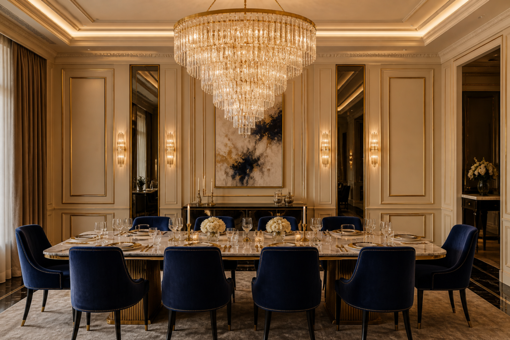 custom crystal chandelier luxury home decor 2026 - luxury dining room with dramatic chandelier lighting