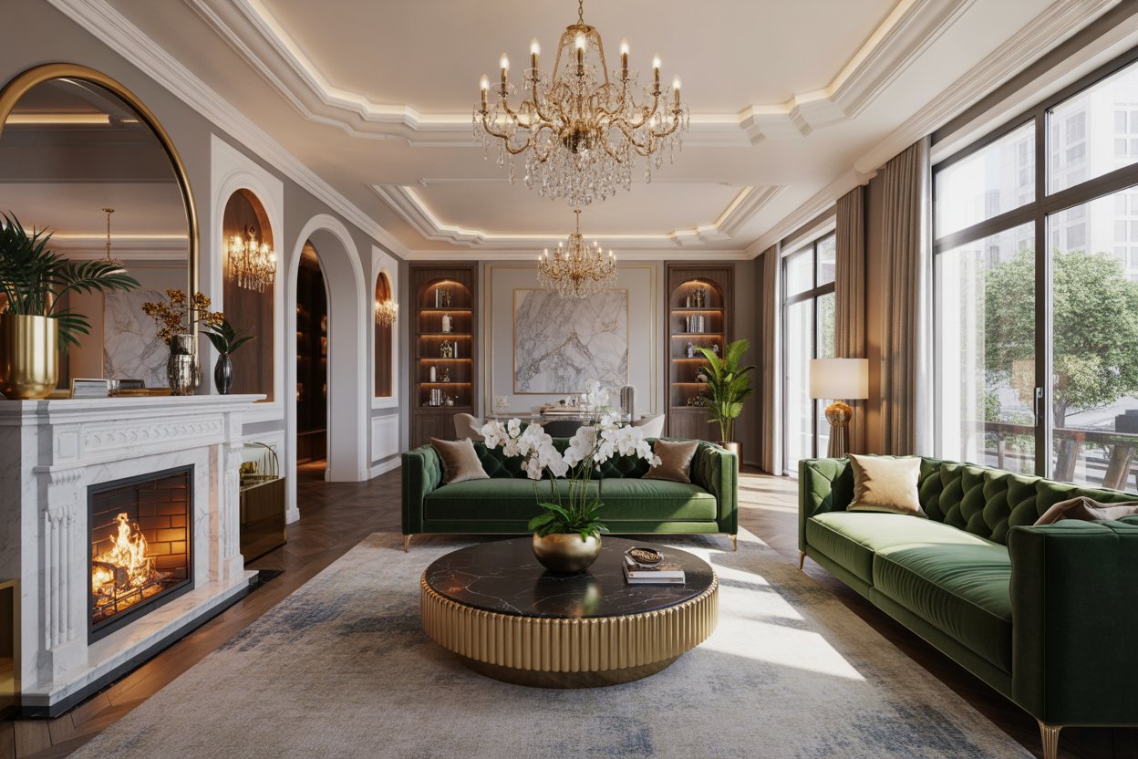 : luxury home decor ideas 2026 - stunning opulent living room with marble fireplace and gold accents